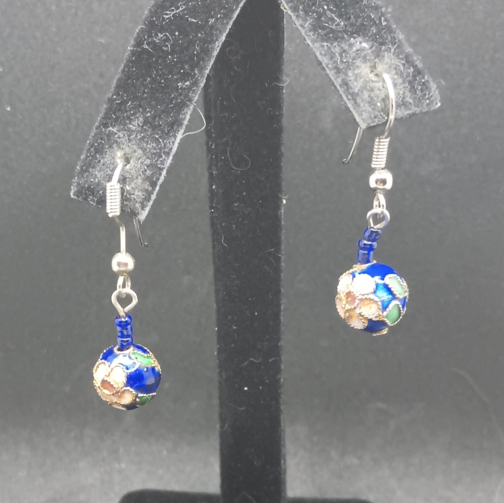 vintage blue cloisonne flower earrings round dangle bead